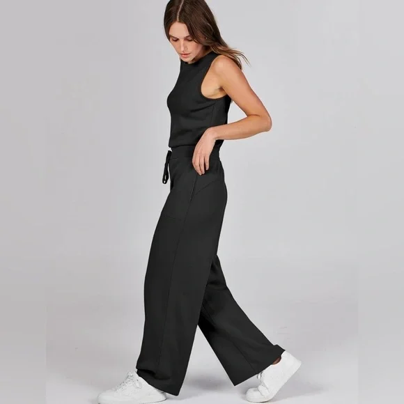 NEW-Soft  women’s black elastic waist
Draw string  cotton, one piece jumpsuit - Picture 2 of 9